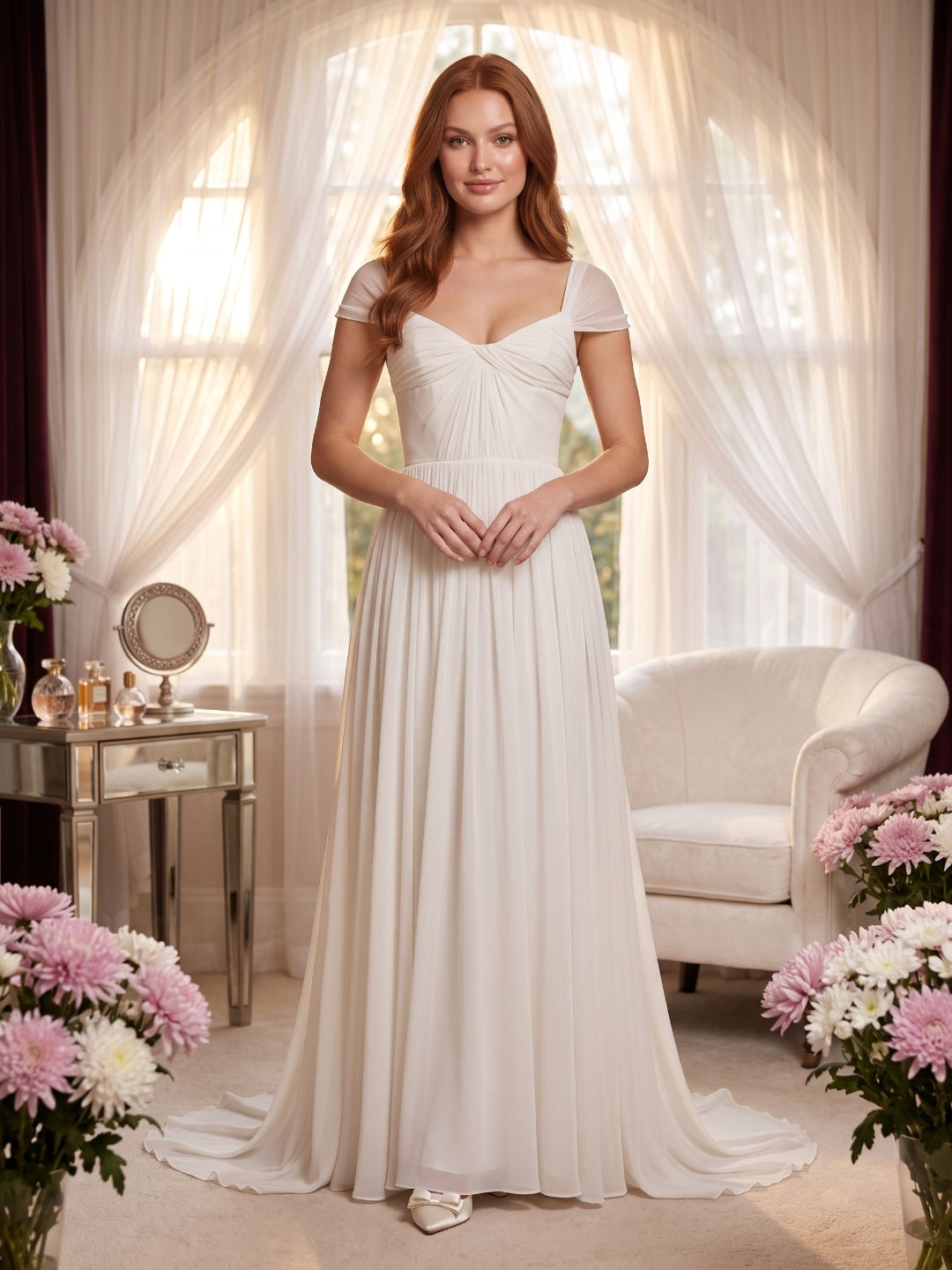 White Chiffon A-Line Square Neck Backless Floor-Length Prom Dress