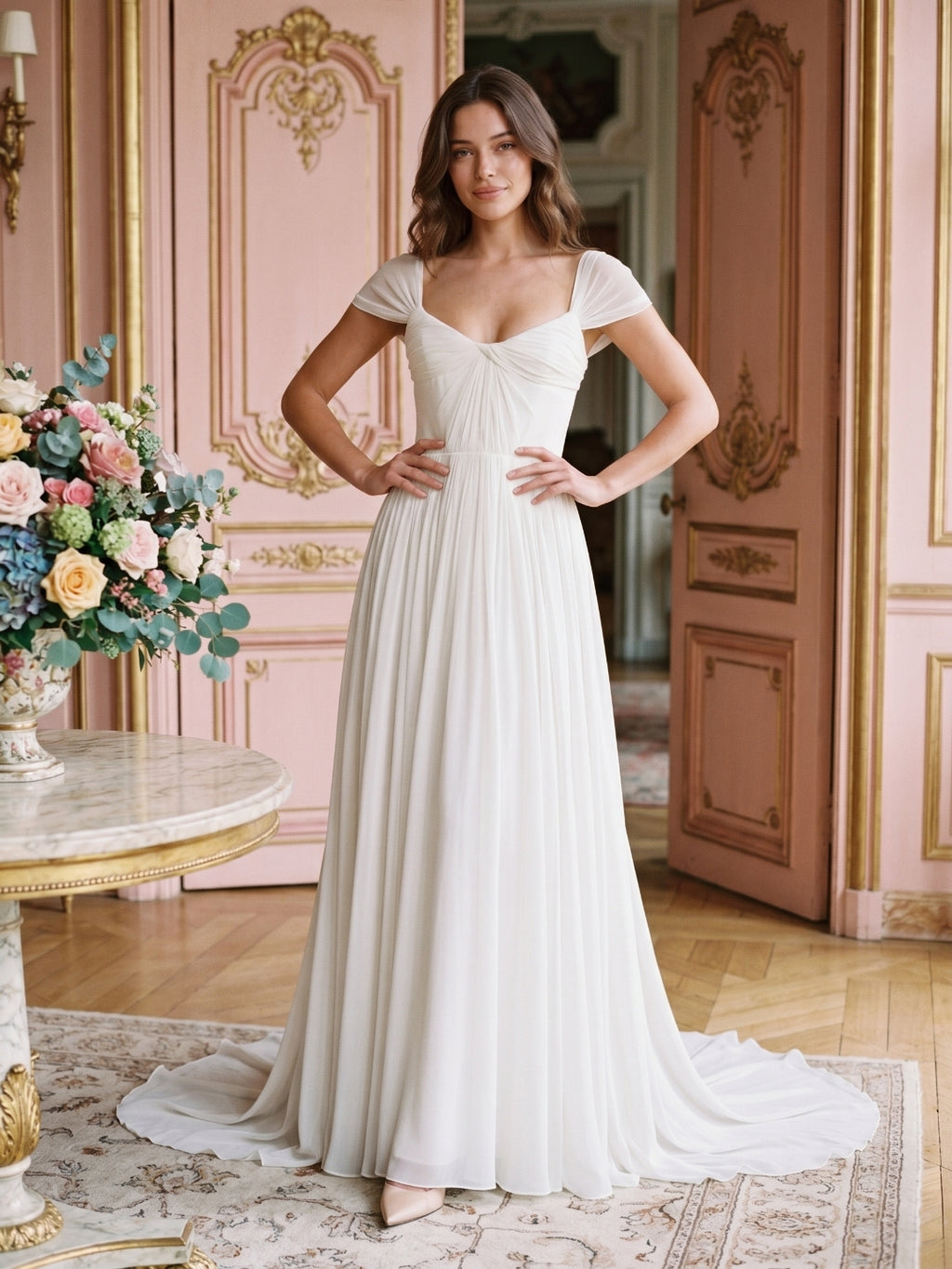 White Chiffon A-Line Square Neck Backless Floor-Length Prom Dress