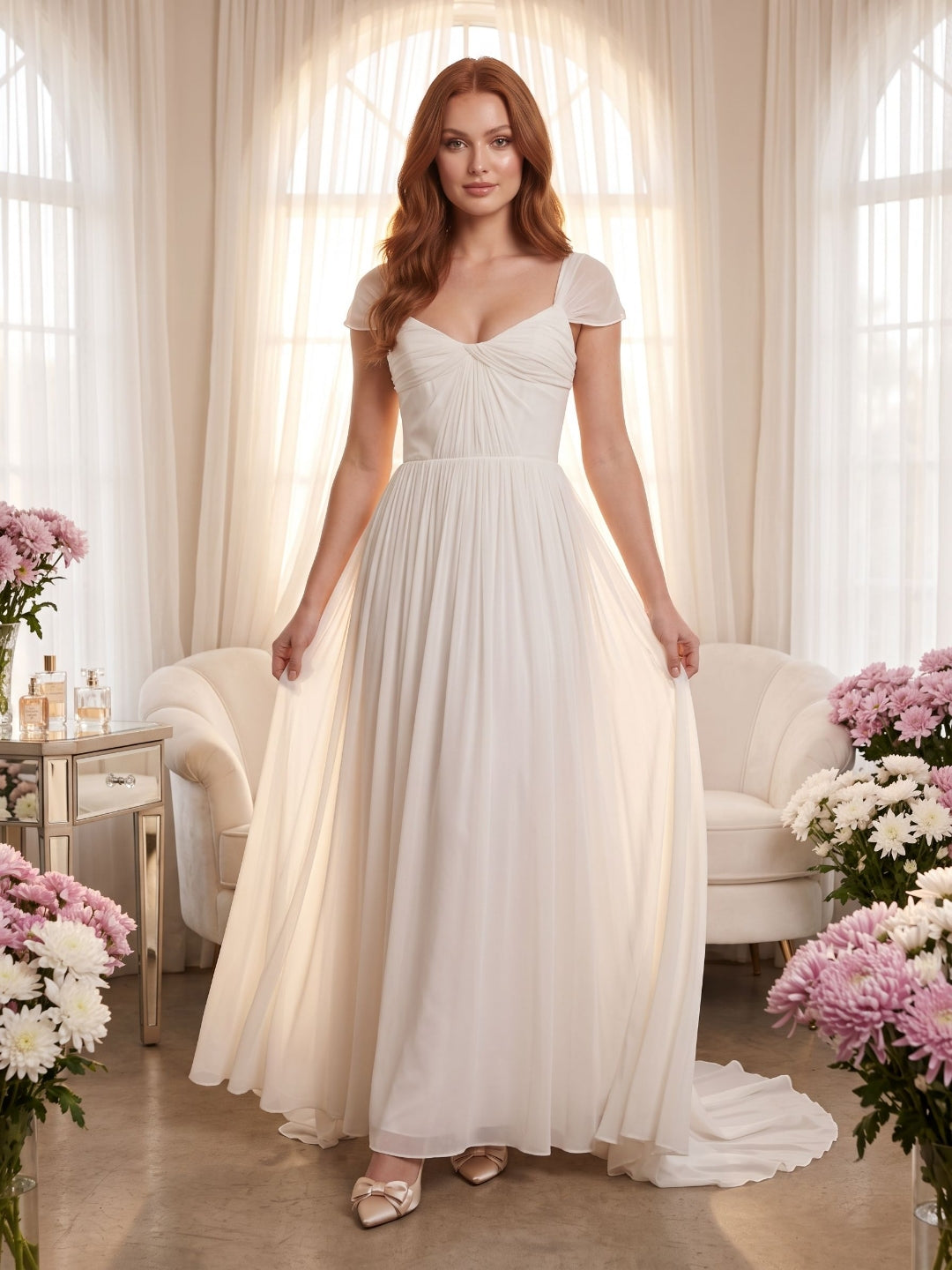 White Chiffon A-Line Square Neck Backless Floor-Length Prom Dress