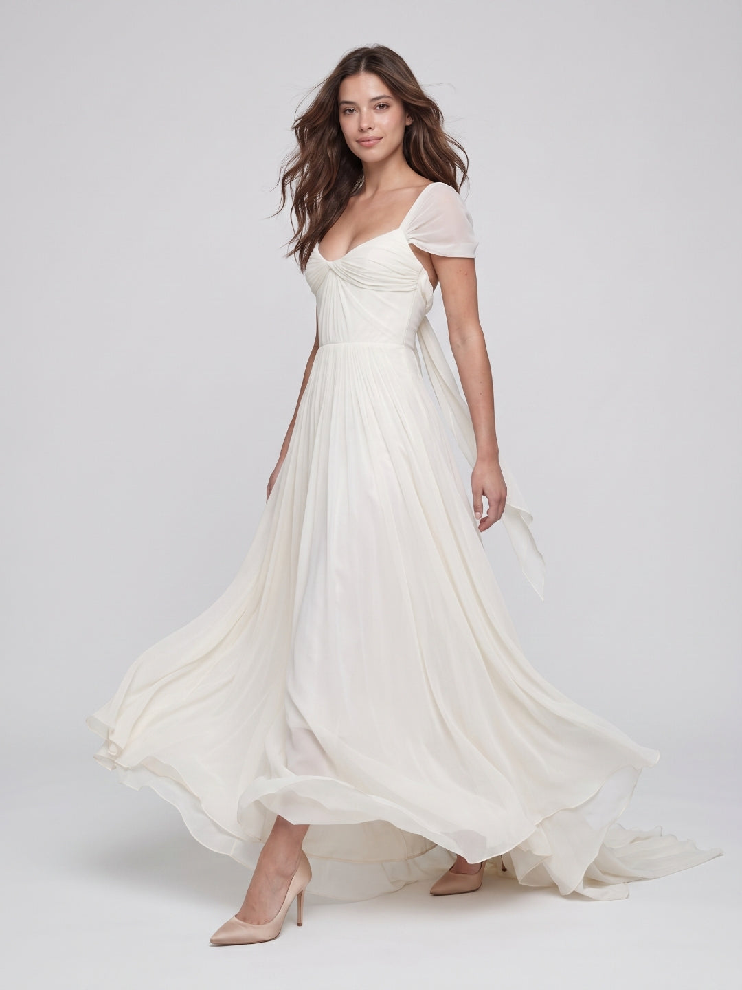 White Chiffon A-Line Square Neck Backless Floor-Length Prom Dress