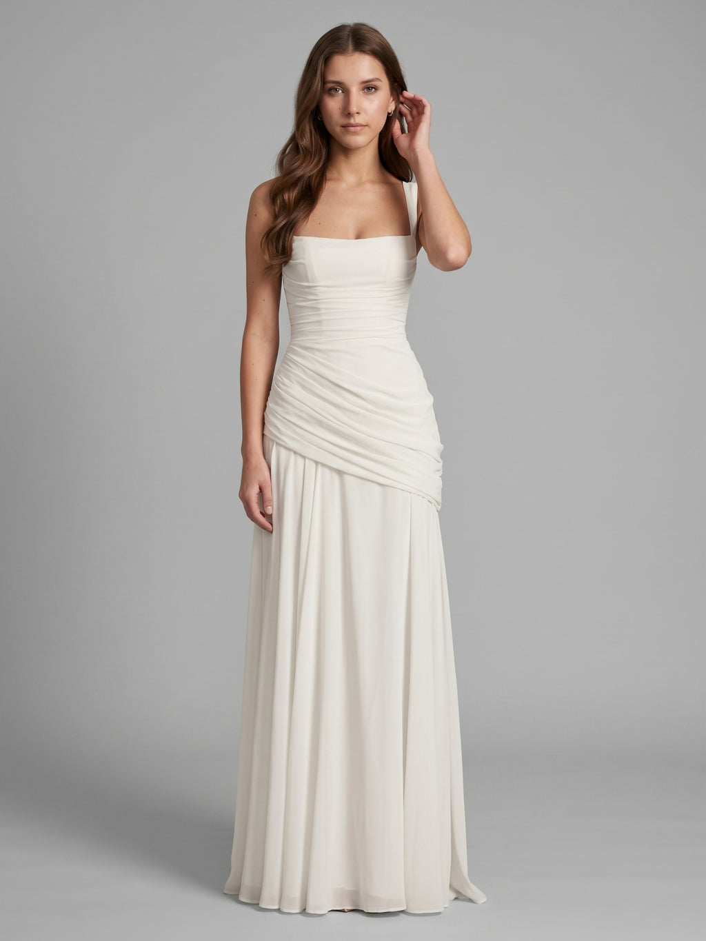 White Chiffon A-Line Square Neck Corset Back Floor-Length Bridesmaid Dress with Pleated Details