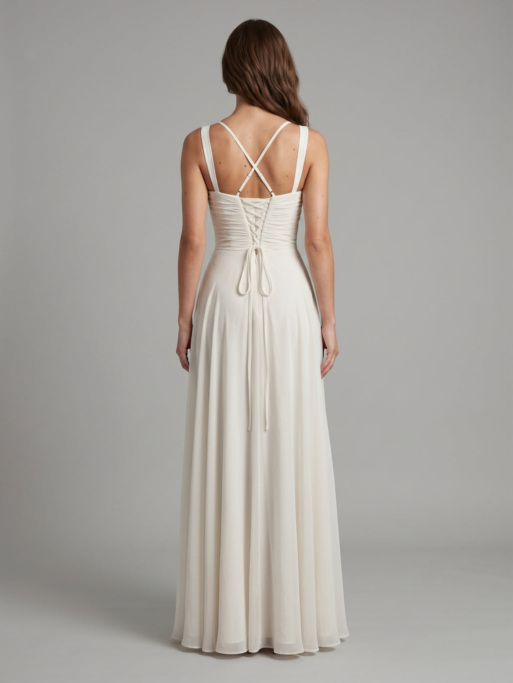 White Chiffon A-Line Square Neck Corset Back Floor-Length Bridesmaid Dress with Pleated Details