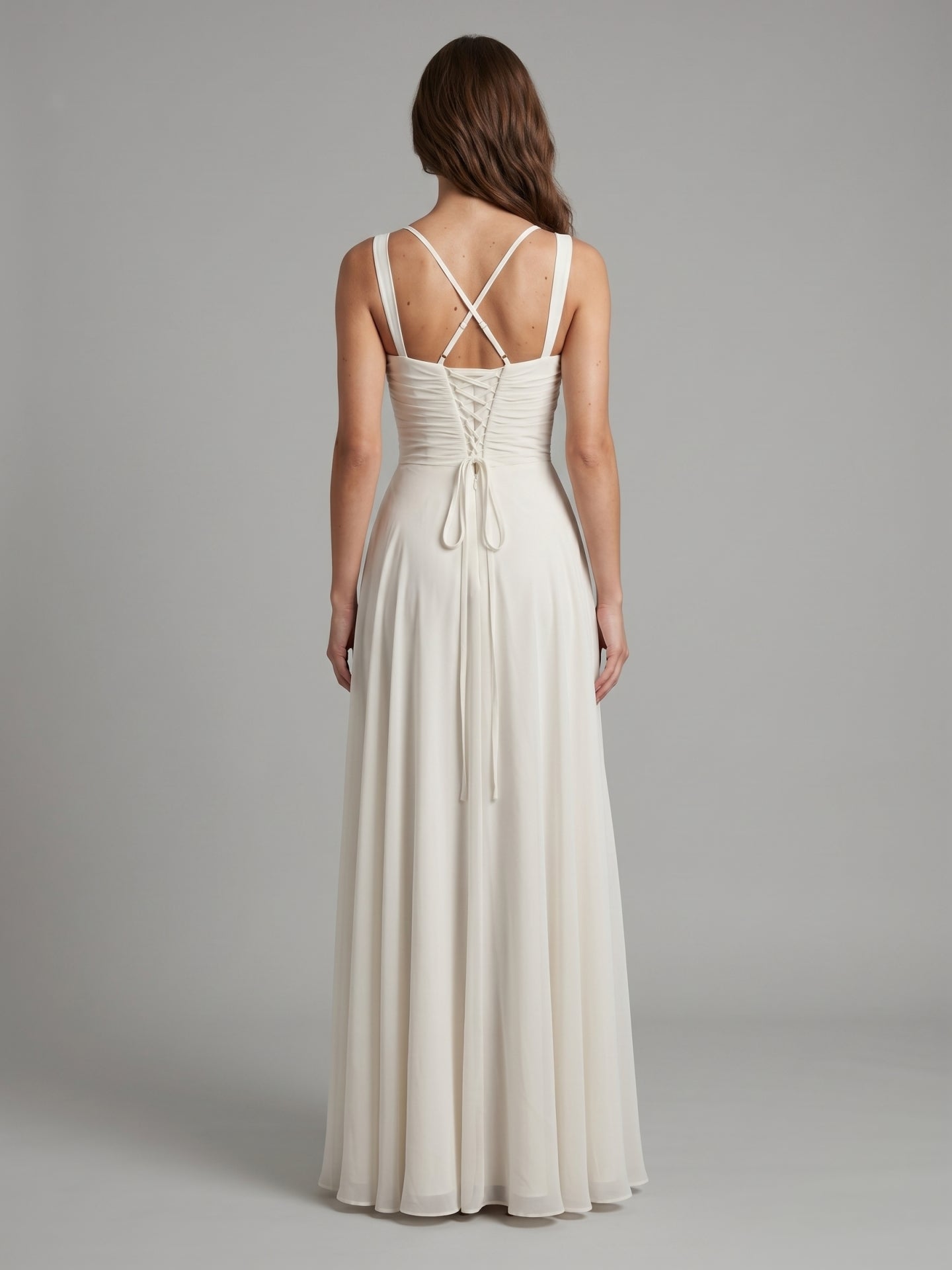 White Chiffon A-Line Square Neck Corset Back Floor-Length Bridesmaid Dress with Pleated Details