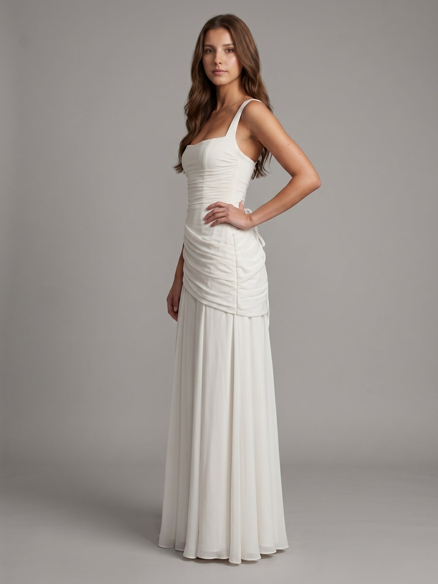 White Chiffon A-Line Square Neck Corset Back Floor-Length Bridesmaid Dress with Pleated Details