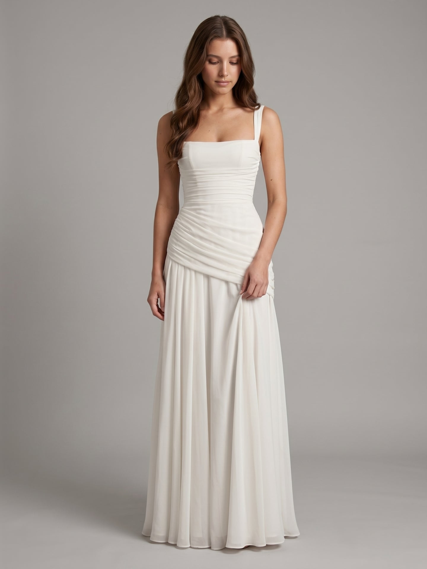 White Chiffon A-Line Square Neck Corset Back Floor-Length Bridesmaid Dress with Pleated Details