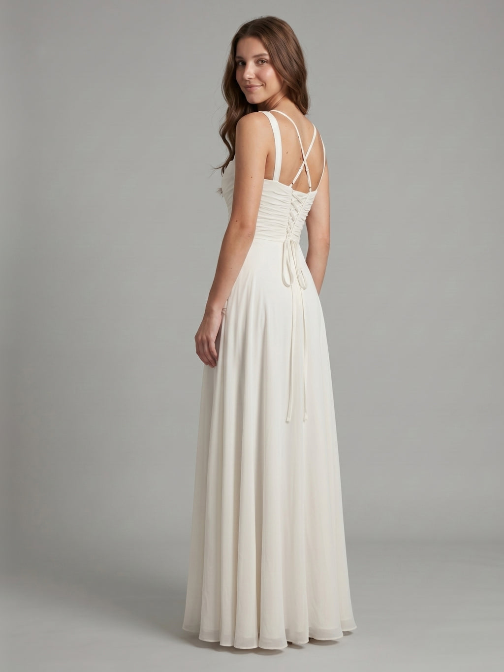 White Chiffon A-Line Square Neck Corset Back Floor-Length Bridesmaid Dress with Pleated Details