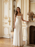 White Chiffon A-Line Square Neck Corset Back Floor-Length Bridesmaid Dress with Pleated Details