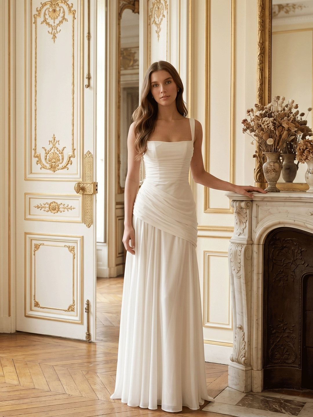 White Chiffon A-Line Square Neck Corset Back Floor-Length Bridesmaid Dress with Pleated Details