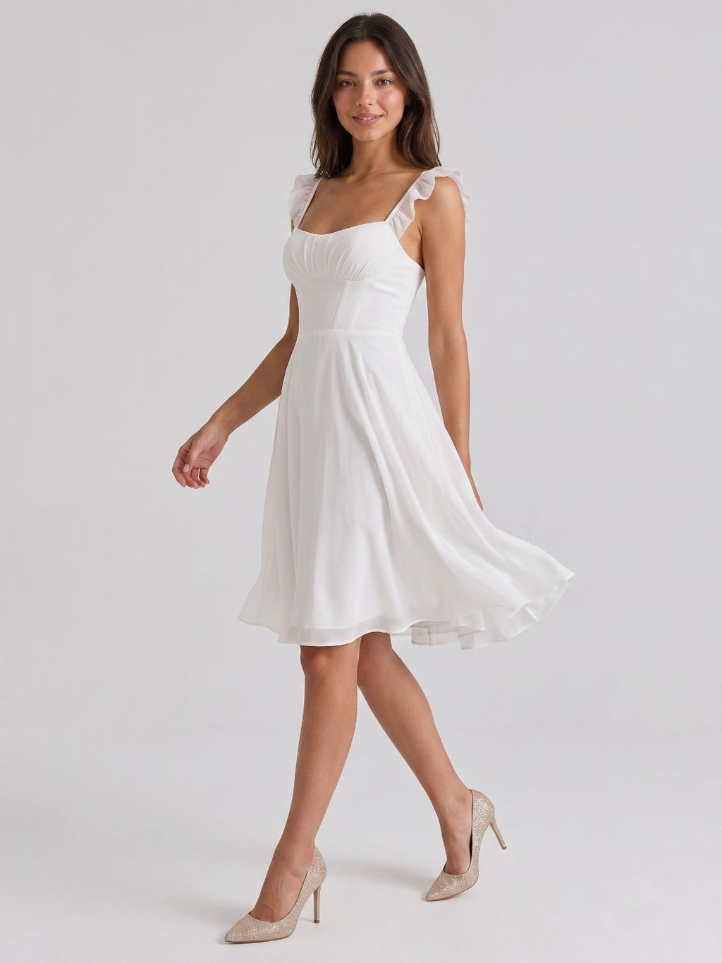 White Chiffon A-Line Square Neck Short Birthday Dress with Pleating