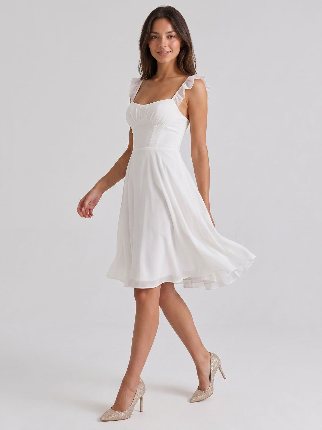 White Chiffon A-Line Square Neck Short Birthday Dress with Pleating