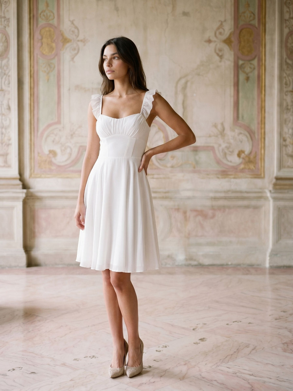 White Chiffon A-Line Square Neck Short Birthday Dress with Pleating