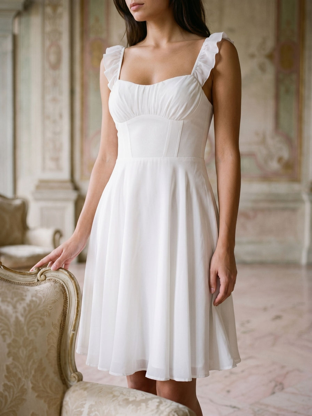 White Chiffon A-Line Square Neck Short Birthday Dress with Pleating