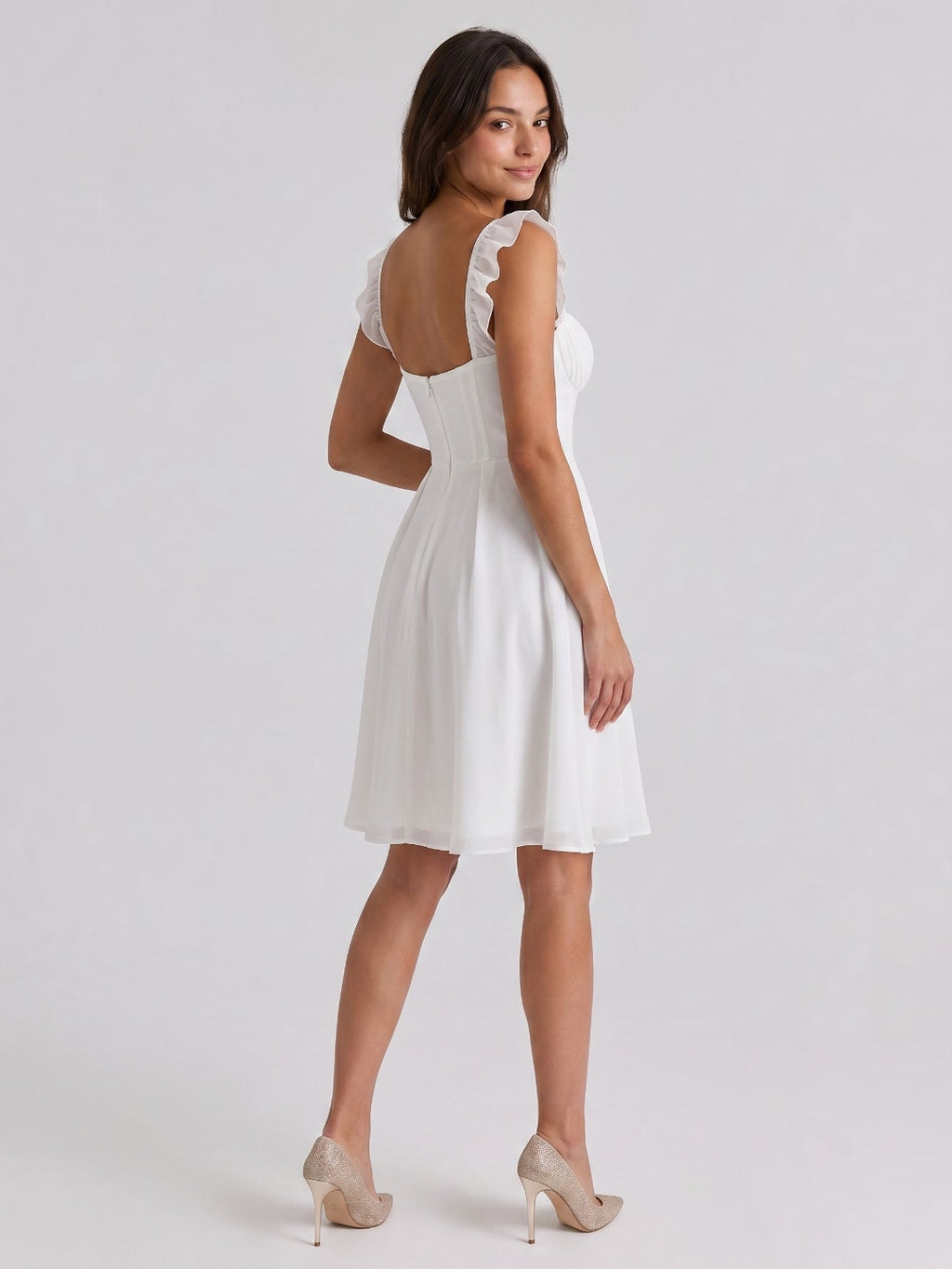 White Chiffon A-Line Square Neck Short Birthday Dress with Pleating