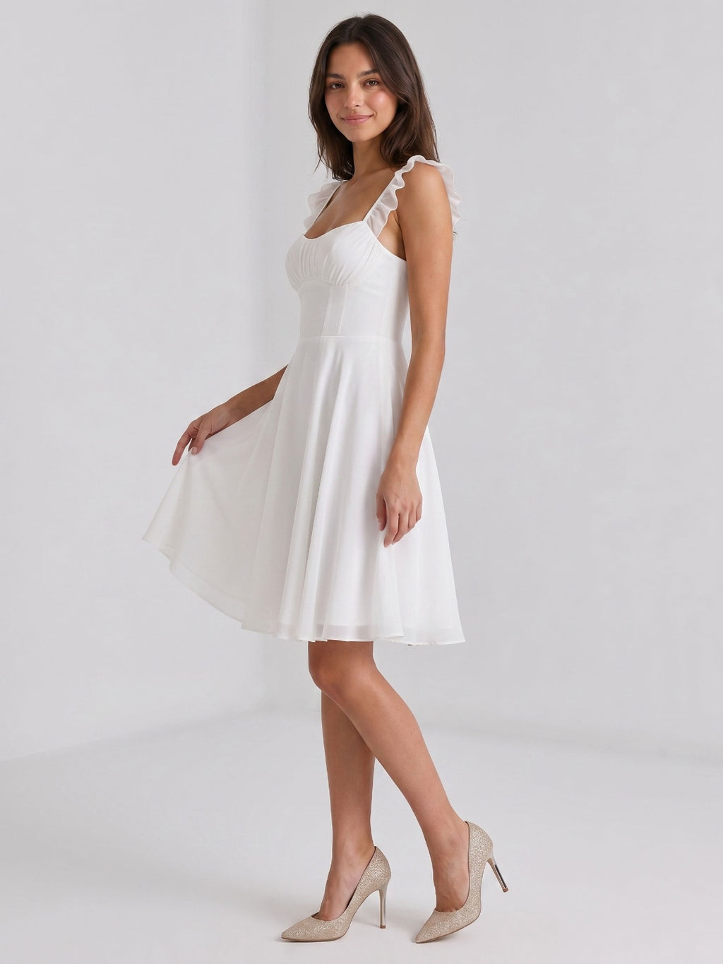 White Chiffon A-Line Square Neck Short Birthday Dress with Pleating