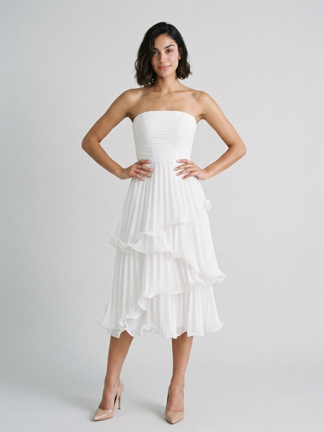 White Chiffon A-Line Straight Neck Back Zip Tea-Length Party Dress with Cascading Ruffles
