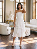 White Chiffon A-Line Straight Neck Back Zip Tea-Length Party Dress with Cascading Ruffles