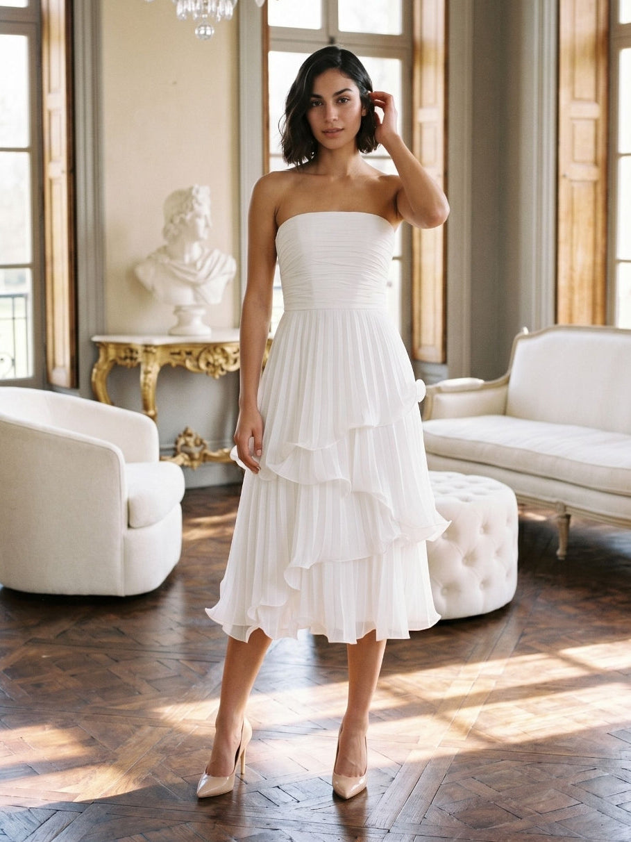 White Chiffon A-Line Straight Neck Back Zip Tea-Length Party Dress with Cascading Ruffles