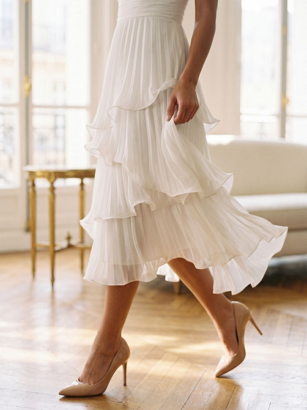 White Chiffon A-Line Straight Neck Back Zip Tea-Length Party Dress with Cascading Ruffles