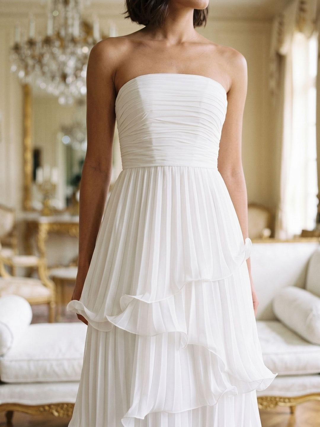 White Chiffon A-Line Straight Neck Back Zip Tea-Length Party Dress with Cascading Ruffles