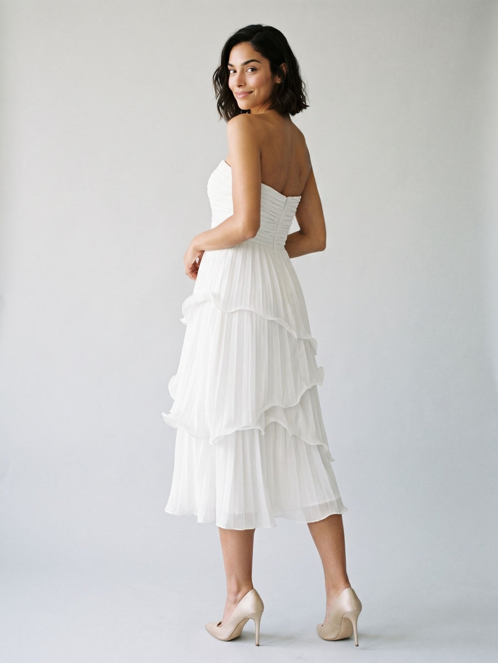 White Chiffon A-Line Straight Neck Back Zip Tea-Length Party Dress with Cascading Ruffles