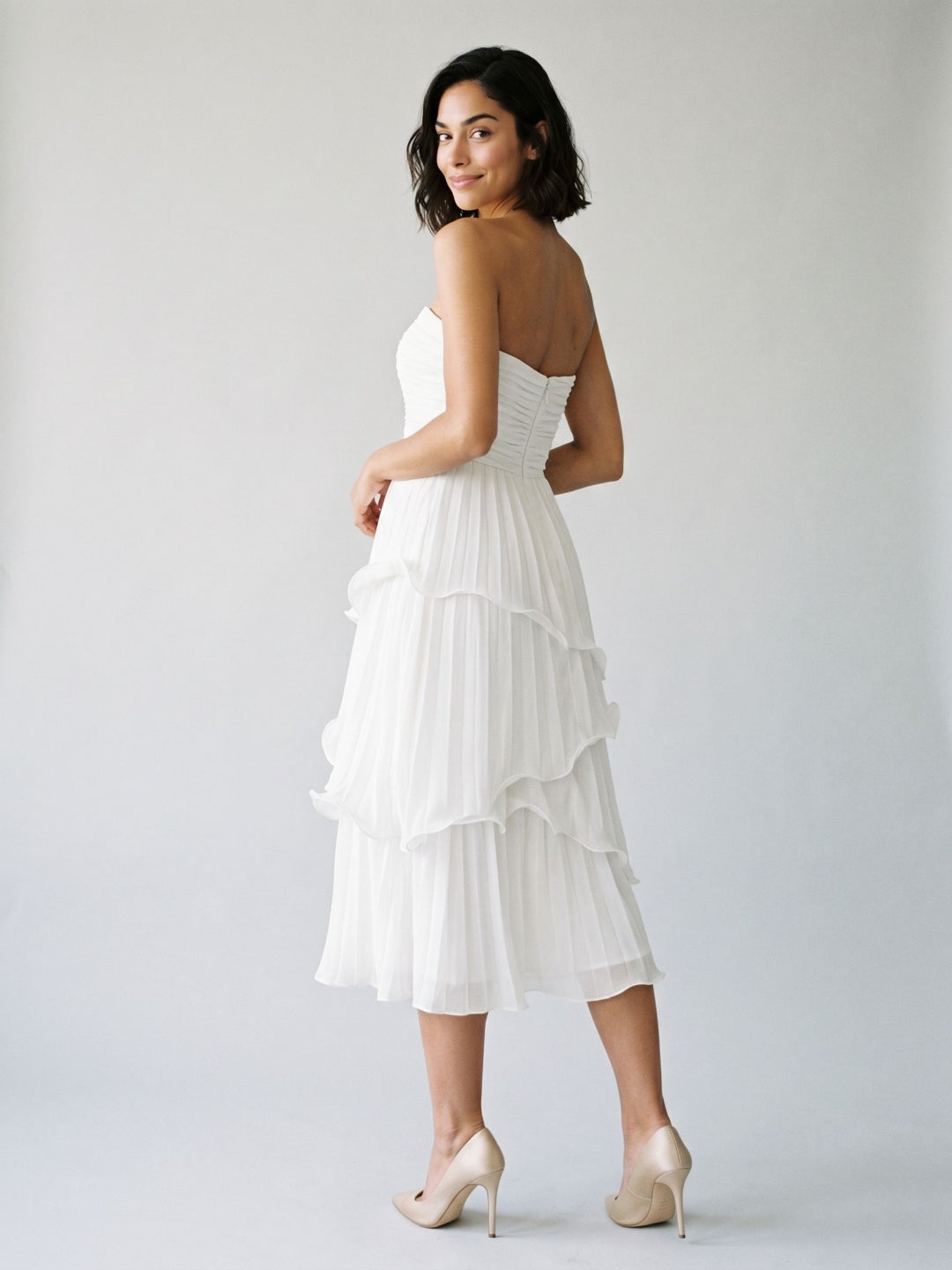 White Chiffon A-Line Straight Neck Back Zip Tea-Length Party Dress with Cascading Ruffles