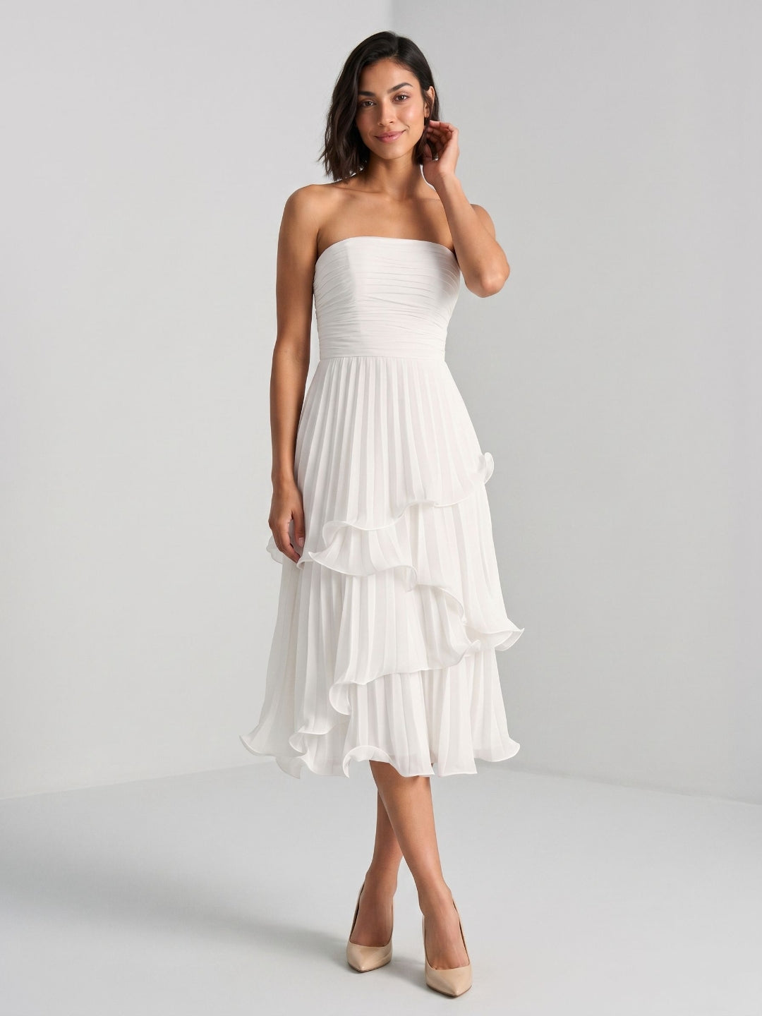 White Chiffon A-Line Straight Neck Back Zip Tea-Length Party Dress with Cascading Ruffles