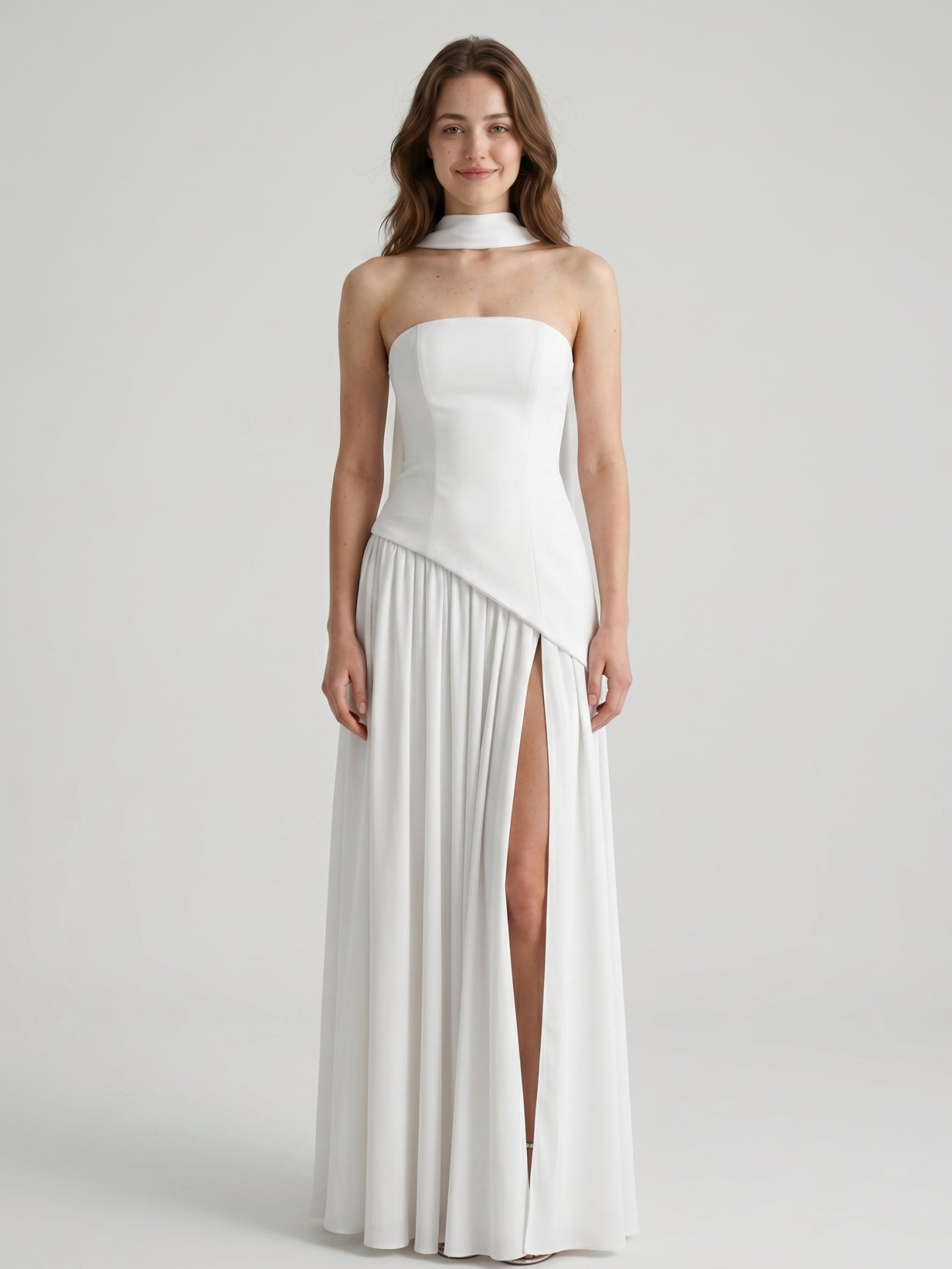 White Chiffon A-Line Straight Neck Corset Back Ankle-Length Bridesmaid Dress