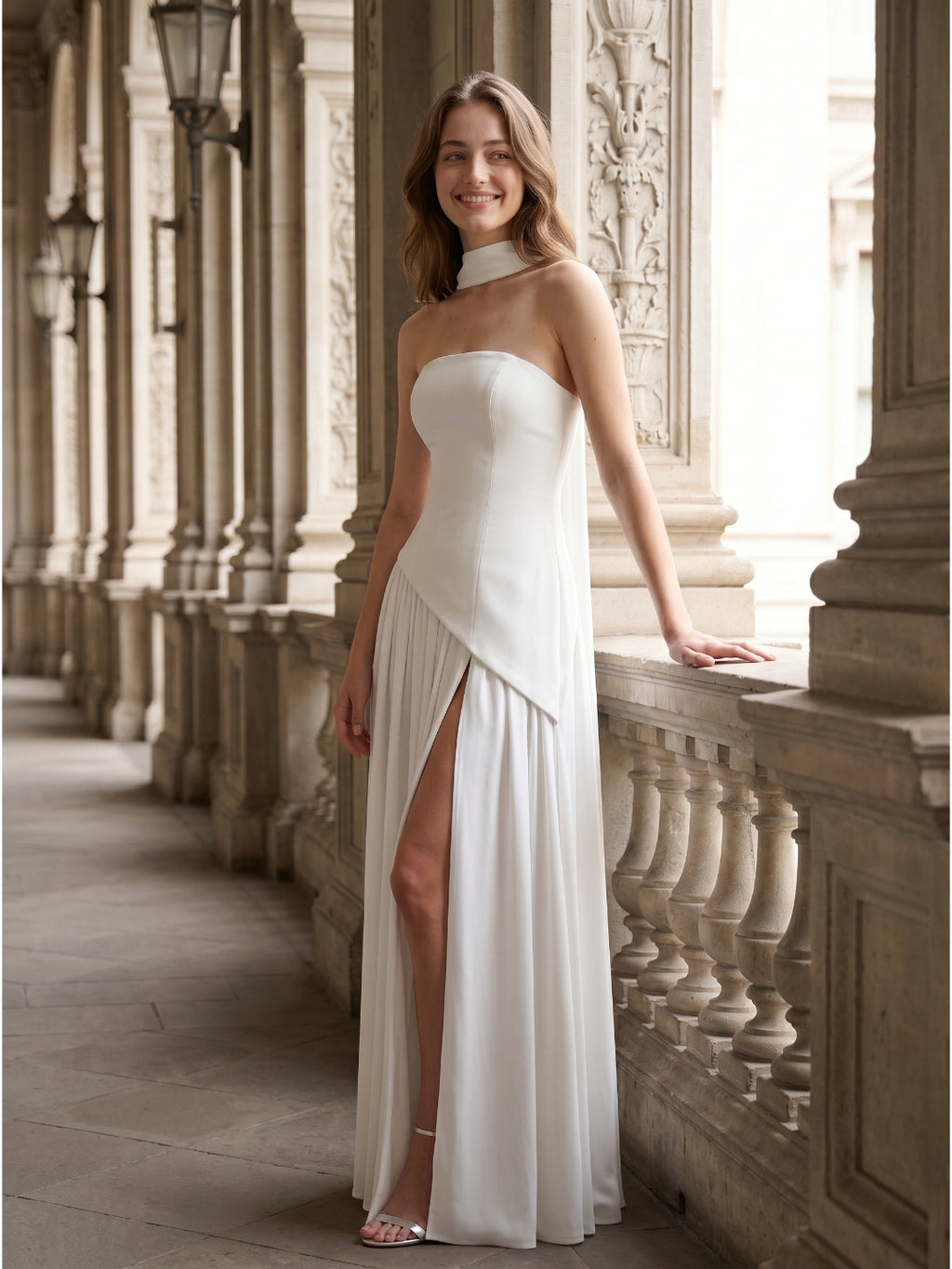 White Chiffon A-Line Straight Neck Corset Back Ankle-Length Bridesmaid Dress