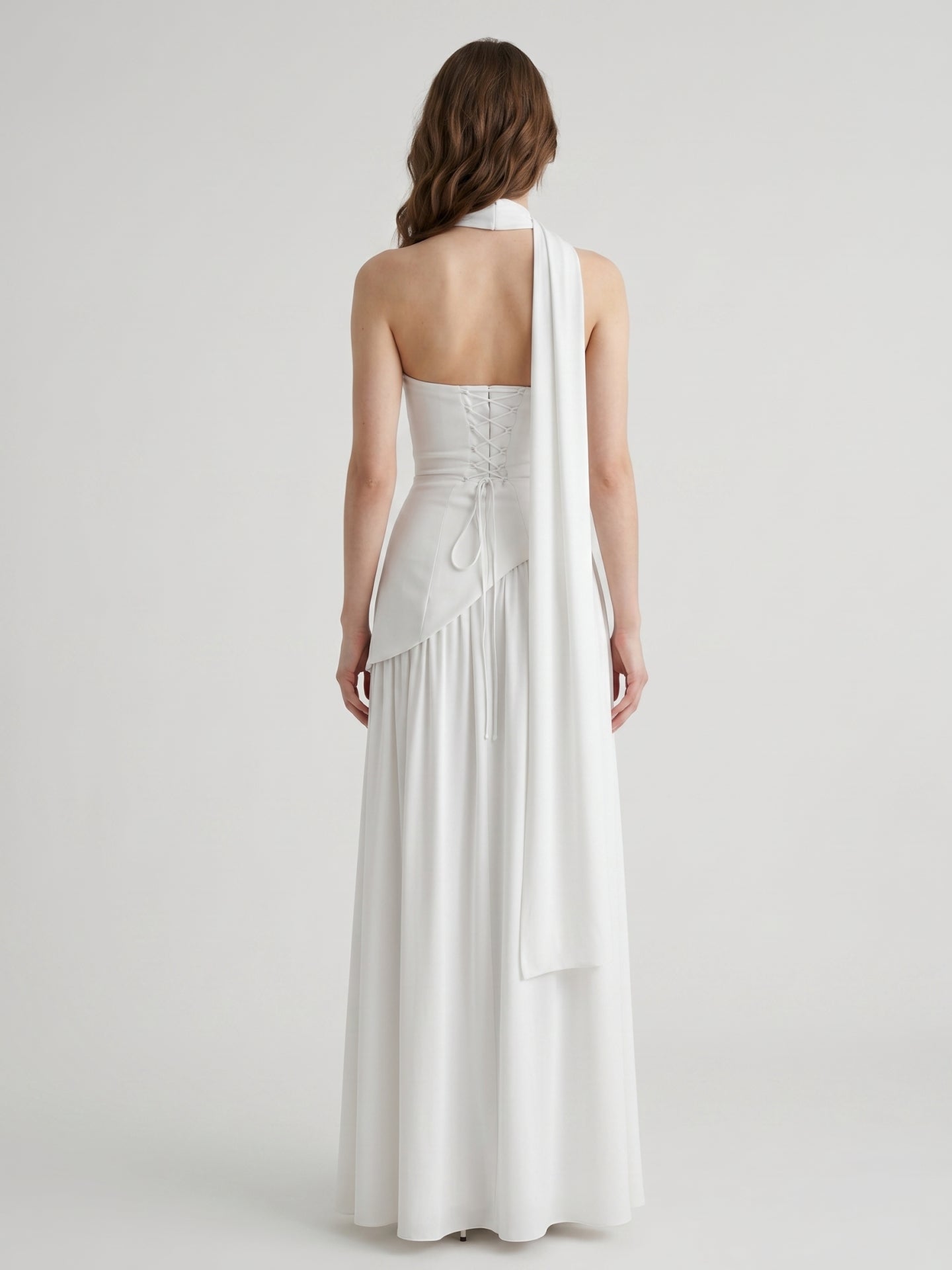 White Chiffon A-Line Straight Neck Corset Back Ankle-Length Bridesmaid Dress