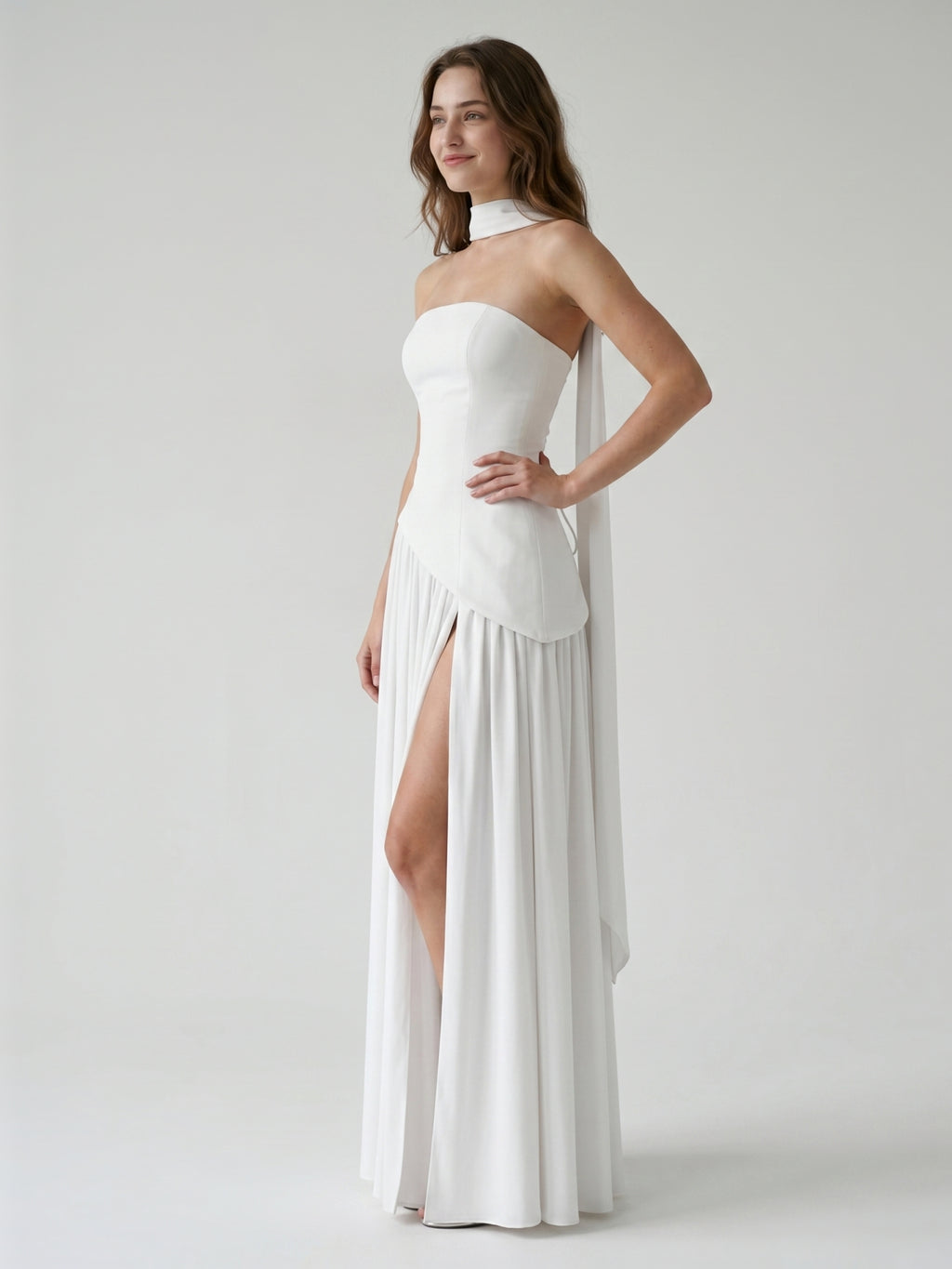 White Chiffon A-Line Straight Neck Corset Back Ankle-Length Bridesmaid Dress