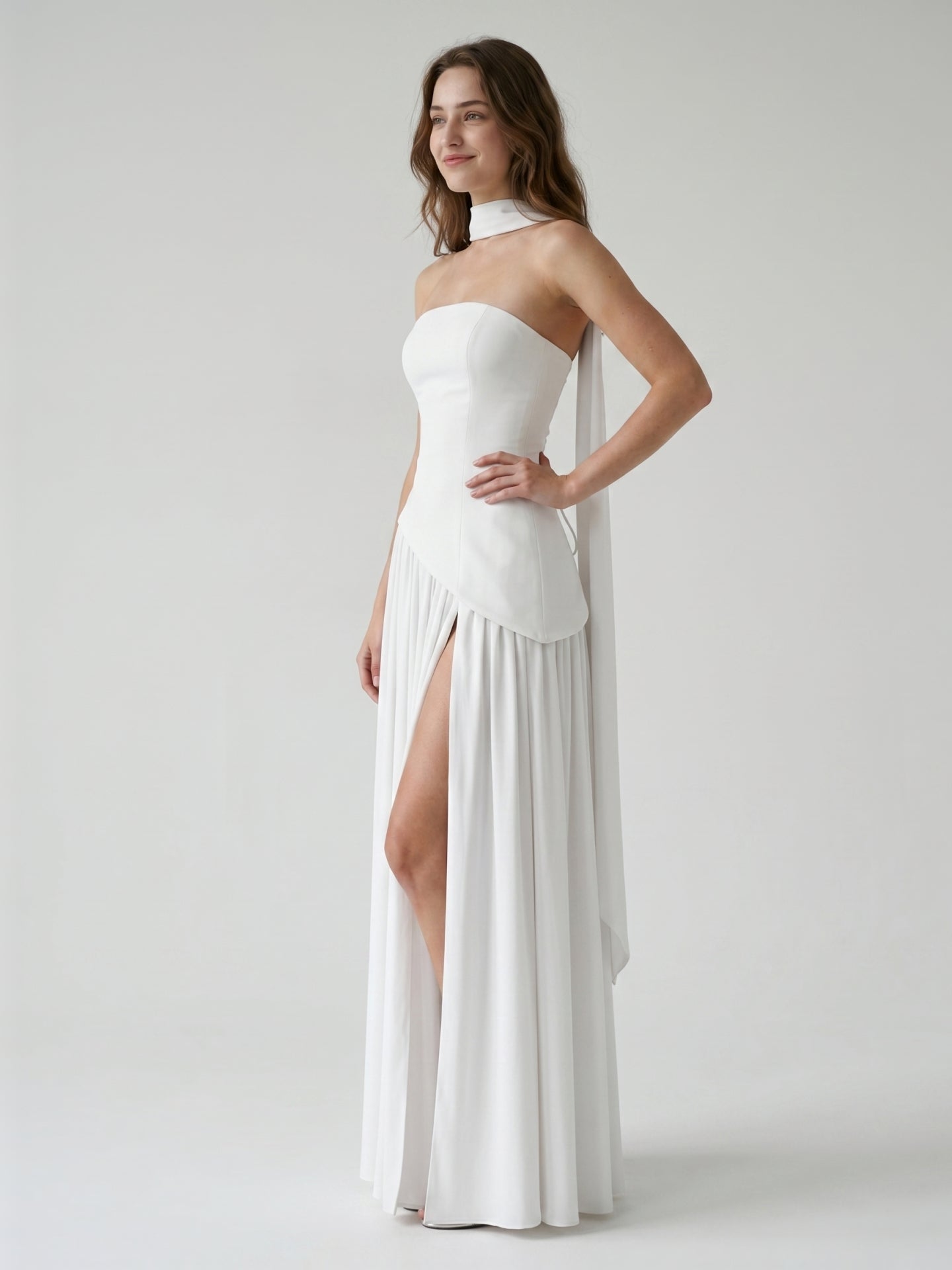 White Chiffon A-Line Straight Neck Corset Back Ankle-Length Bridesmaid Dress