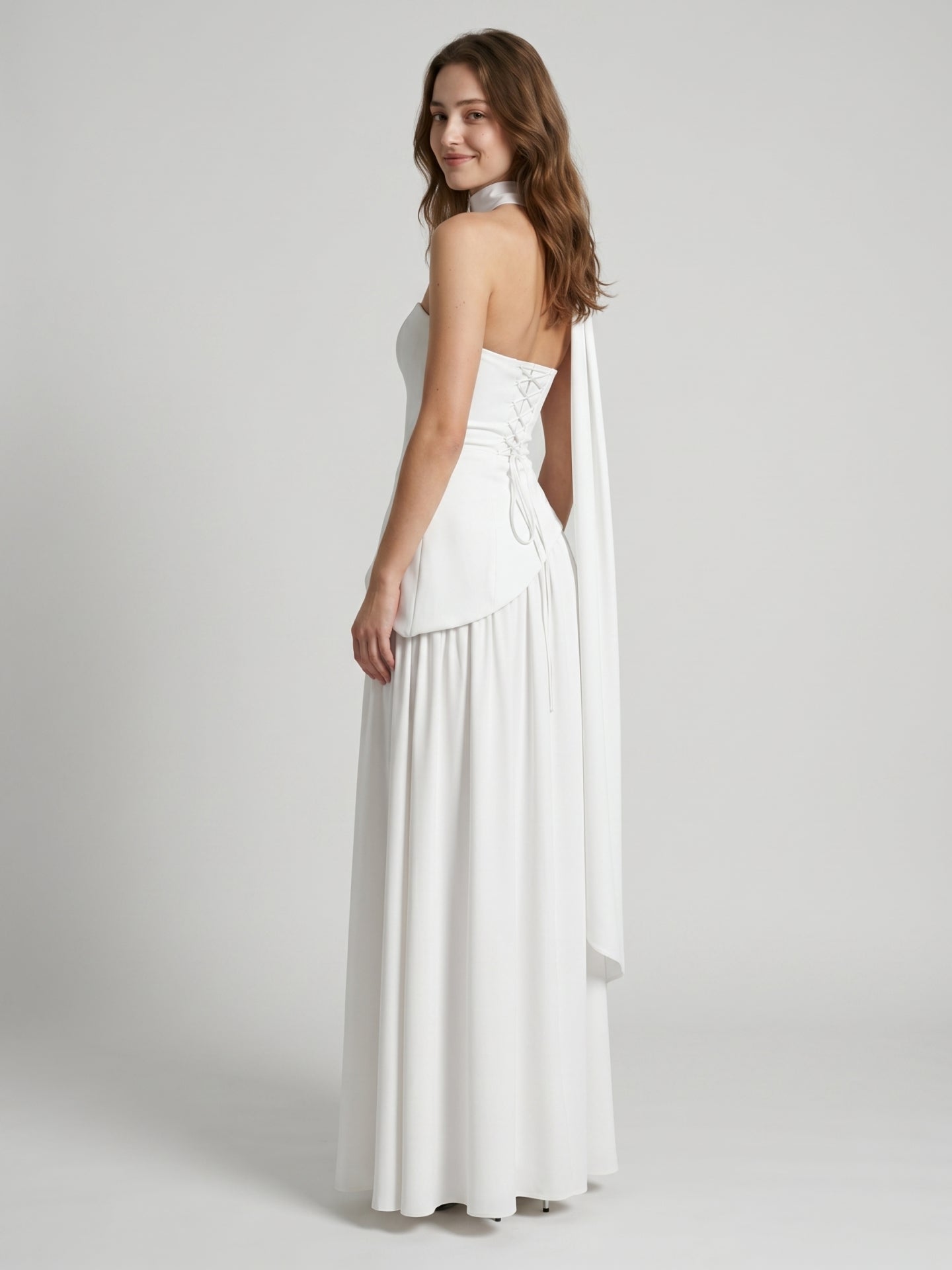 White Chiffon A-Line Straight Neck Corset Back Ankle-Length Bridesmaid Dress