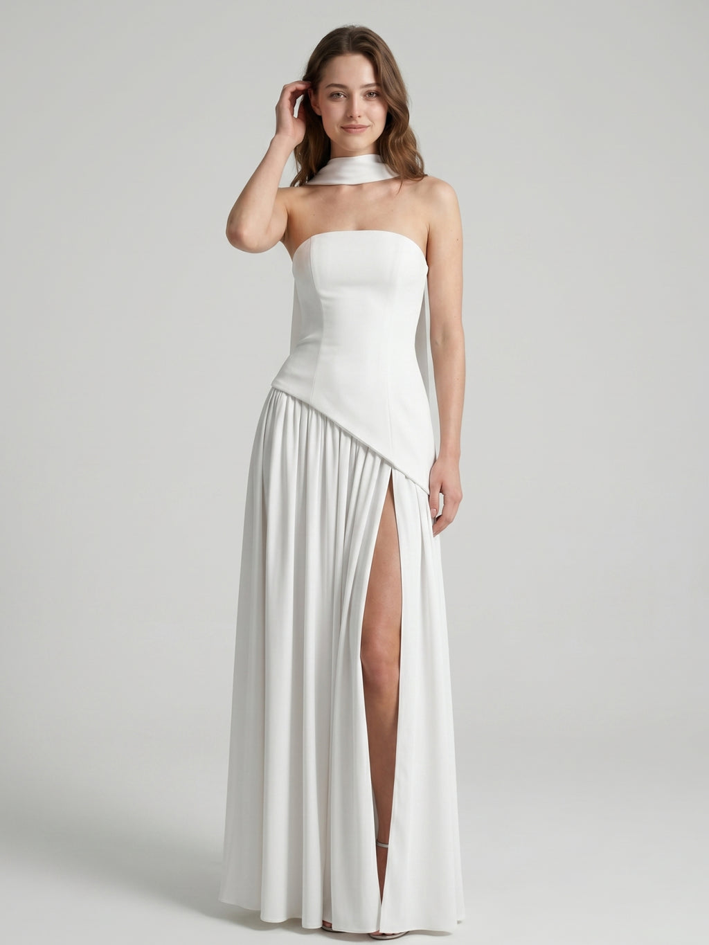 White Chiffon A-Line Straight Neck Corset Back Ankle-Length Bridesmaid Dress