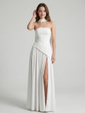 White Chiffon A-Line Straight Neck Corset Back Ankle-Length Bridesmaid Dress