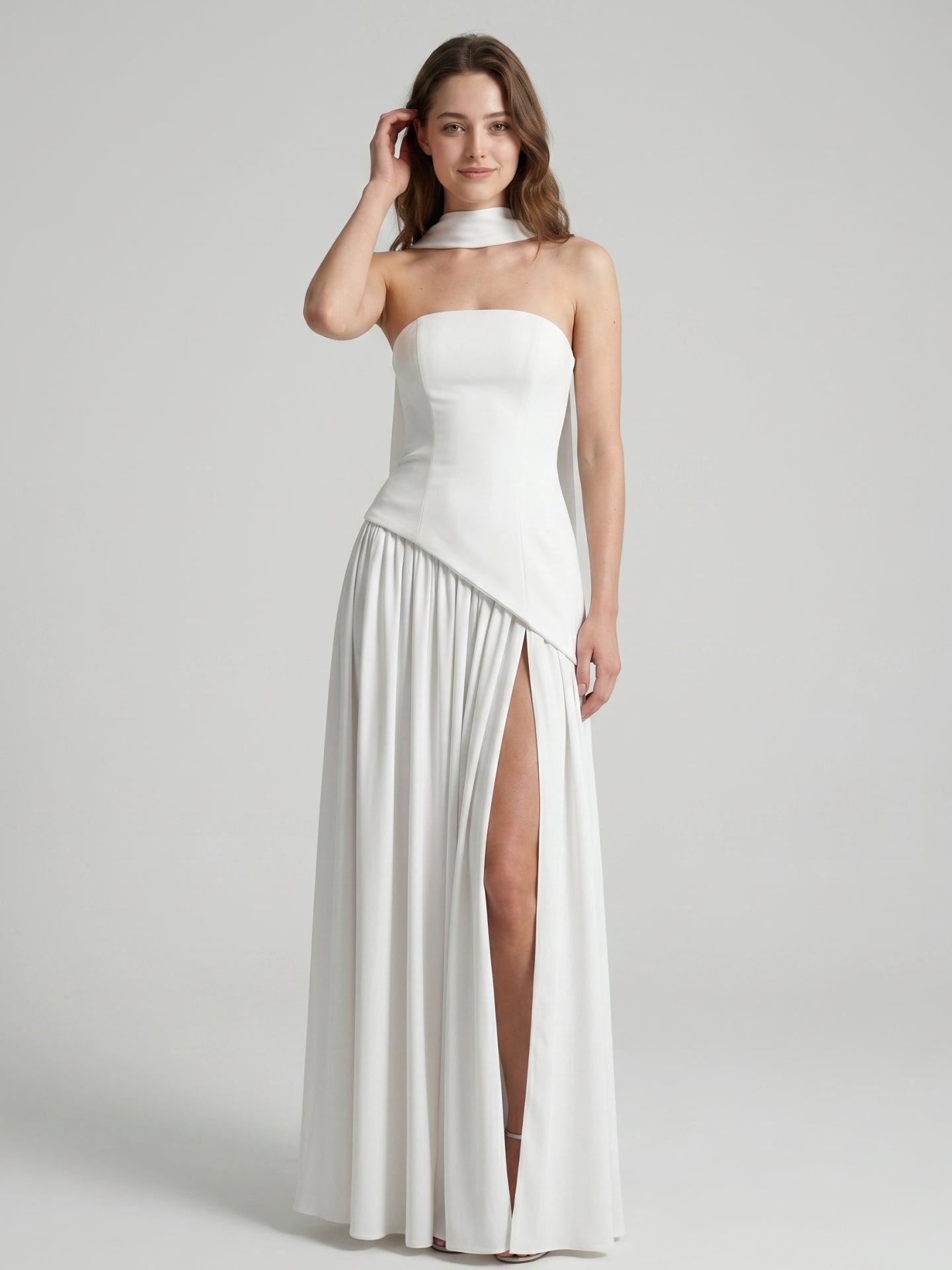 White Chiffon A-Line Straight Neck Corset Back Ankle-Length Bridesmaid Dress