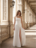 White Chiffon A-Line Straight Neck Corset Back Ankle-Length Bridesmaid Dress