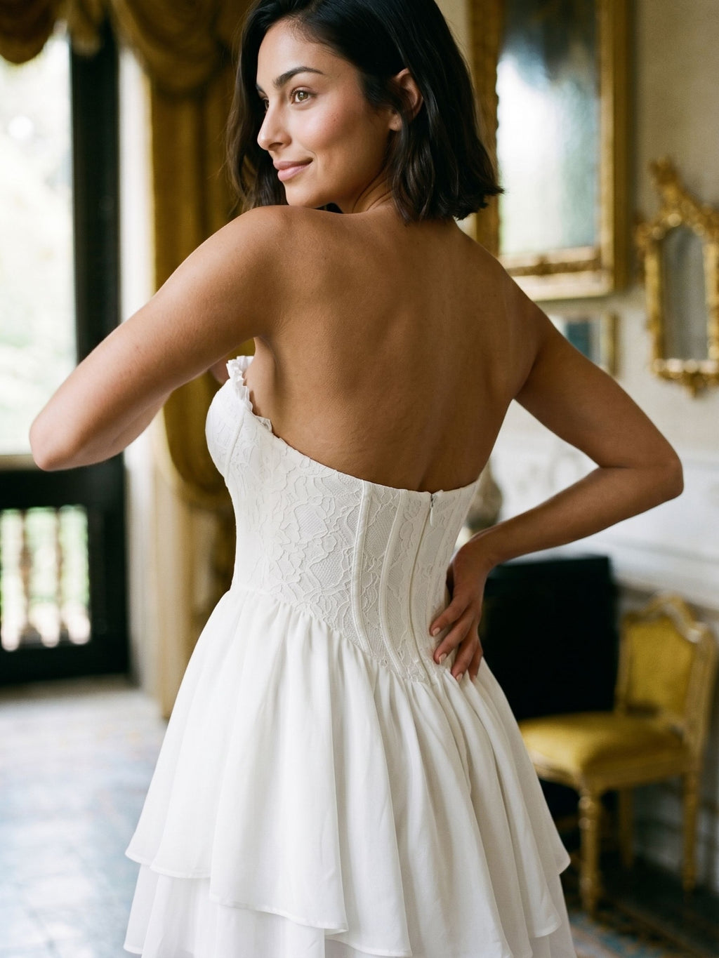 White Chiffon A-Line Sweetheart Back Zip Mini Homecoming Dress with Ruffles