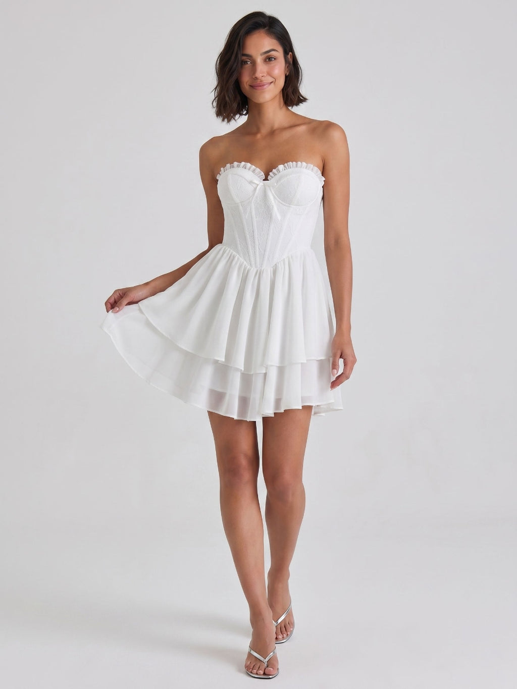 White Chiffon A-Line Sweetheart Back Zip Mini Homecoming Dress with Ruffles