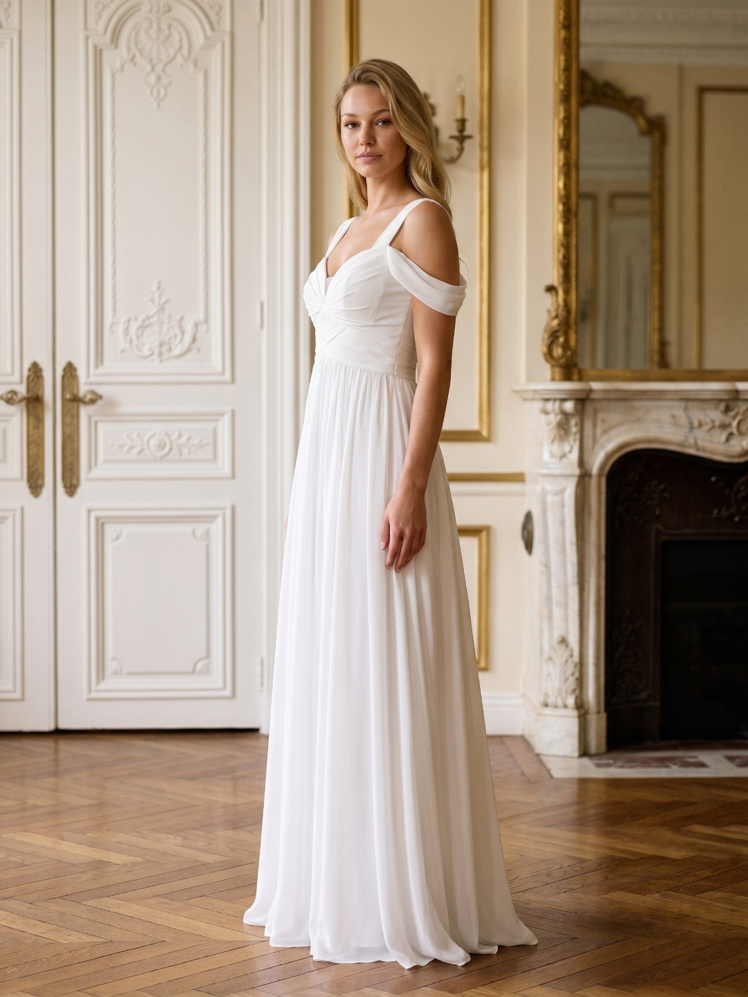 White Chiffon A-Line Sweetheart Backless Floor-Length Bridesmaid Dress