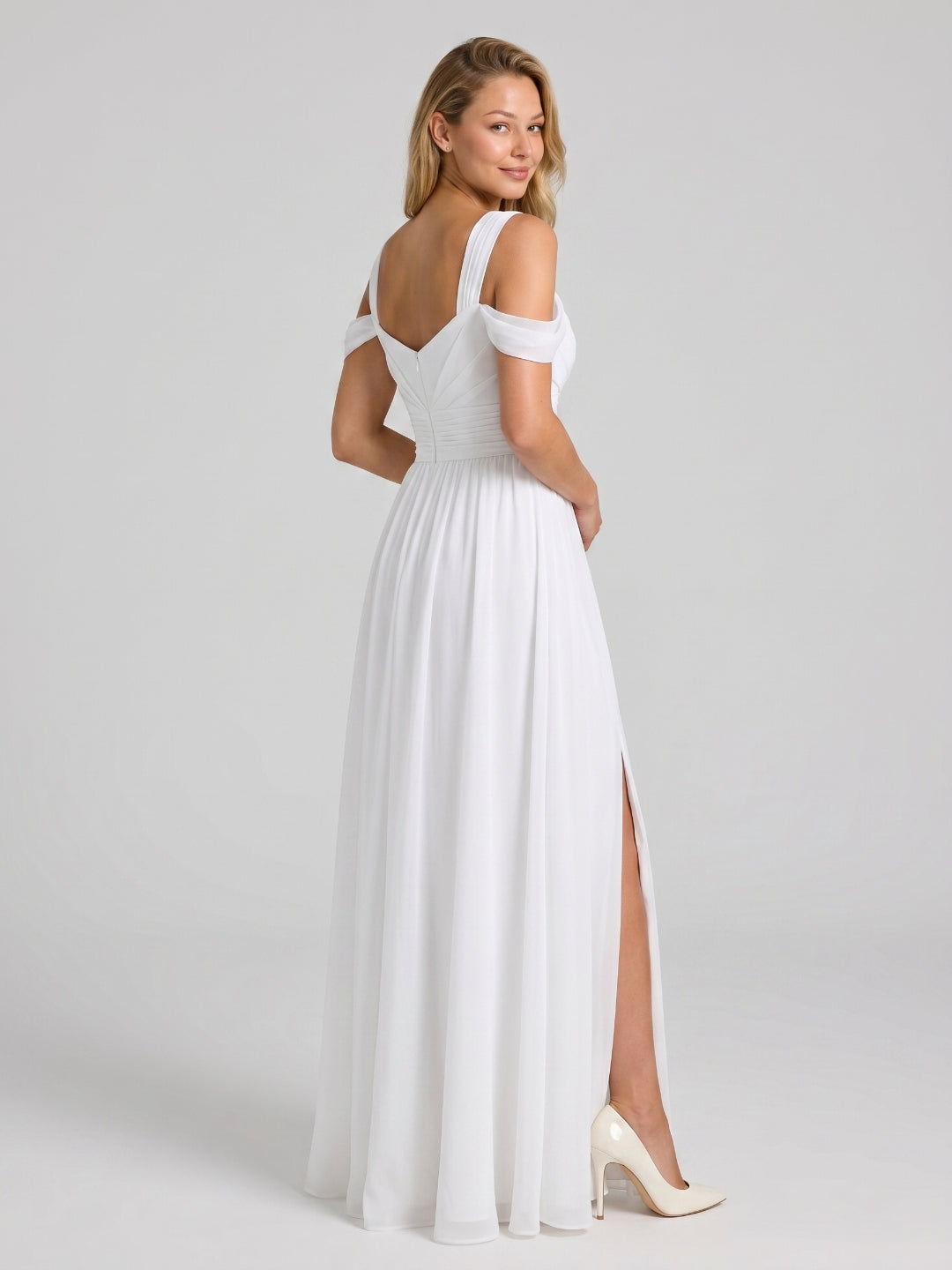 White Chiffon A-Line Sweetheart Backless Floor-Length Bridesmaid Dress