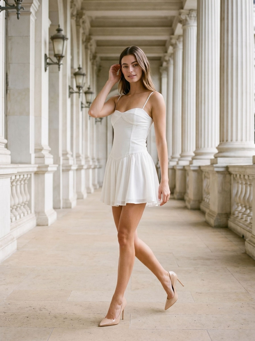 White Chiffon A-Line Sweetheart Backless Short Dress with Pleating