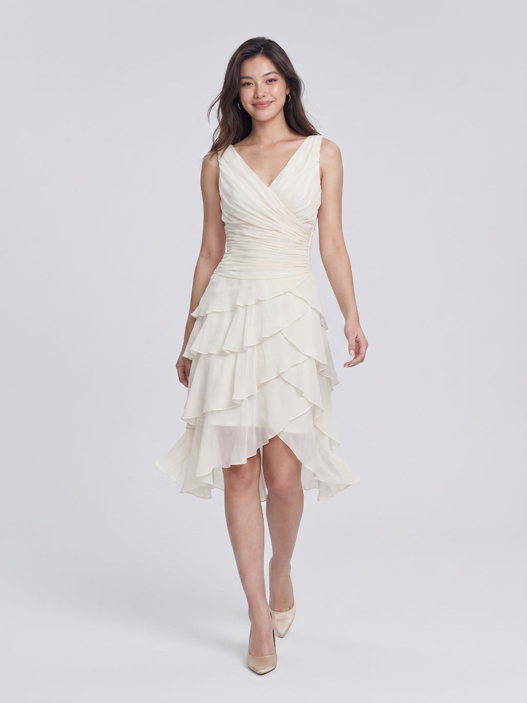 White Chiffon A-Line V-Neck Back Zip Knee-Length Prom Dress