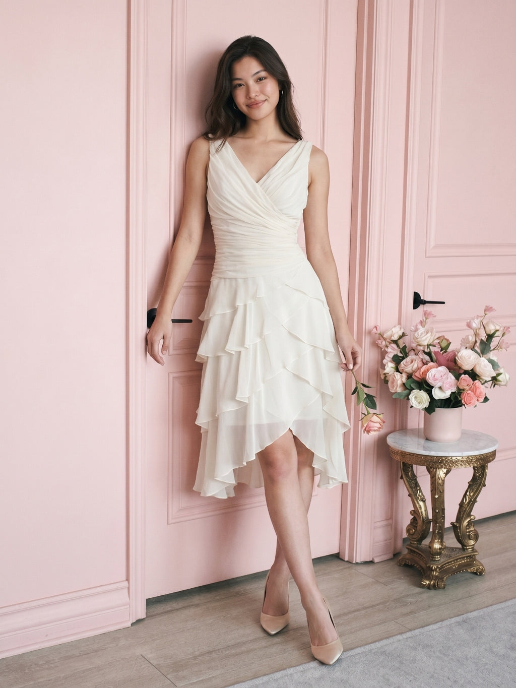 White Chiffon A-Line V-Neck Back Zip Knee-Length Prom Dress