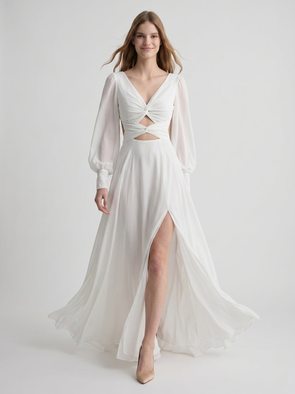 White Chiffon A-Line V-Neck Backless Floor-Length Pleated Bridesmaid Dress