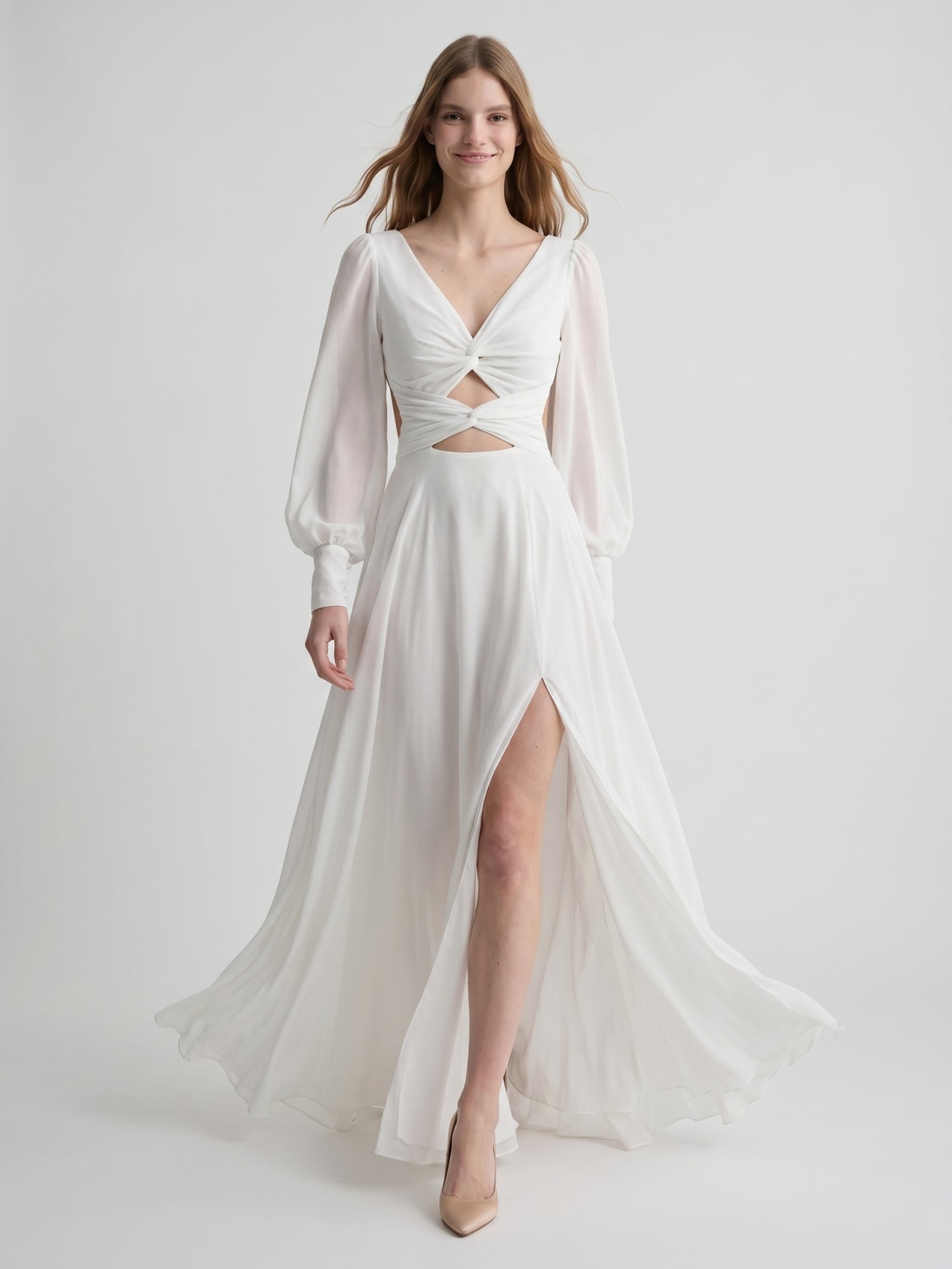 White Chiffon A-Line V-Neck Backless Floor-Length Pleated Bridesmaid Dress