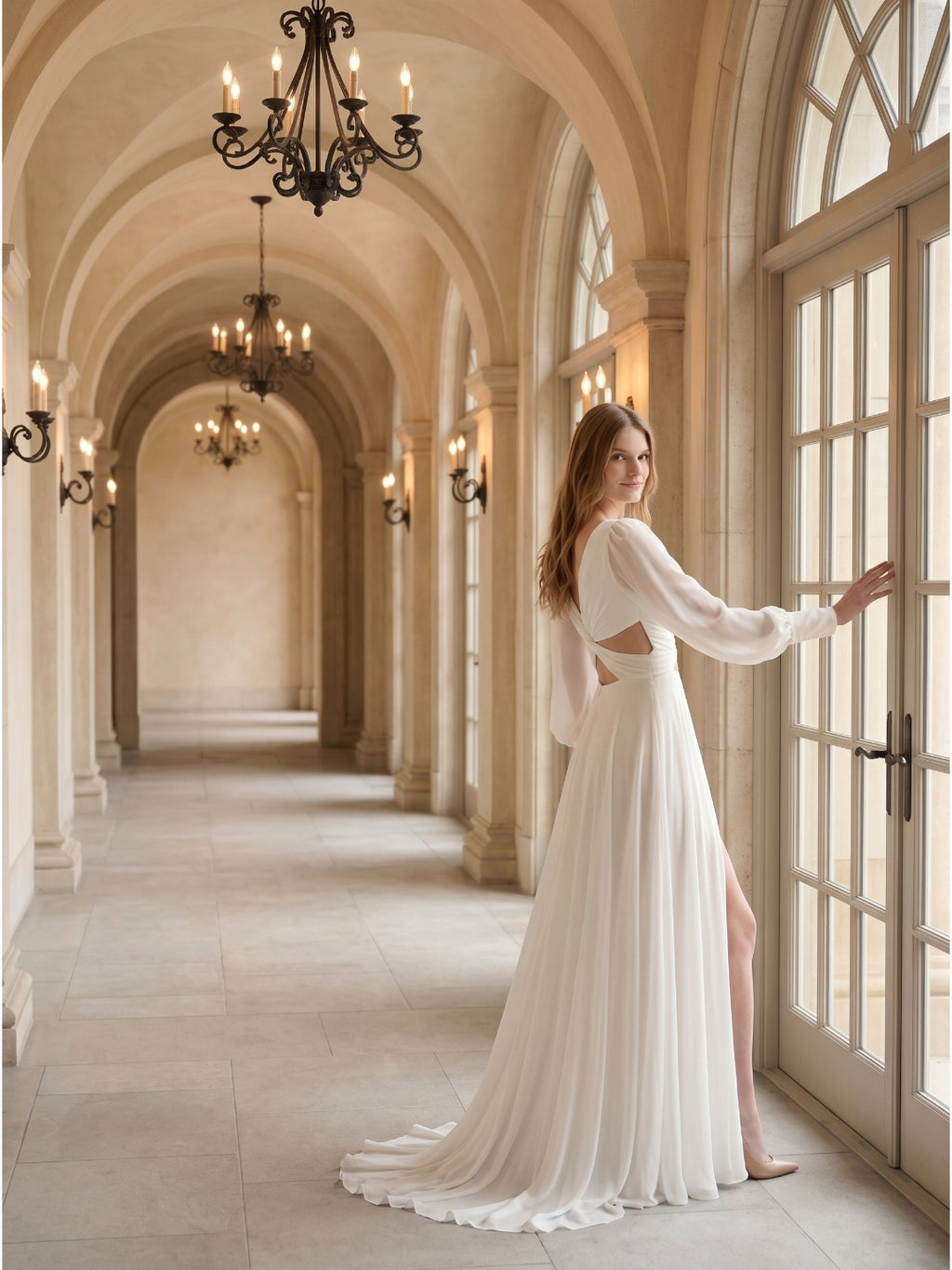 White Chiffon A-Line V-Neck Backless Floor-Length Pleated Bridesmaid Dress