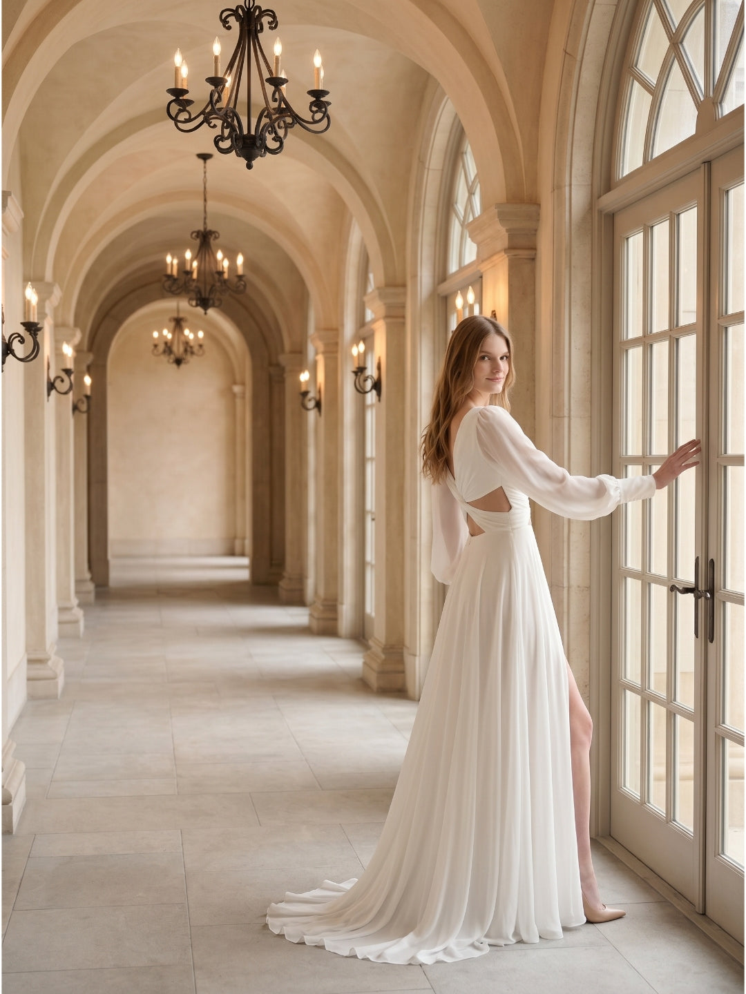 White Chiffon A-Line V-Neck Backless Floor-Length Pleated Bridesmaid Dress
