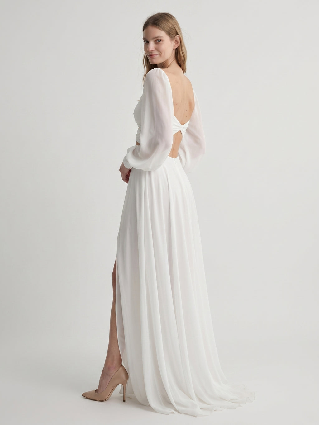 White Chiffon A-Line V-Neck Backless Floor-Length Pleated Bridesmaid Dress