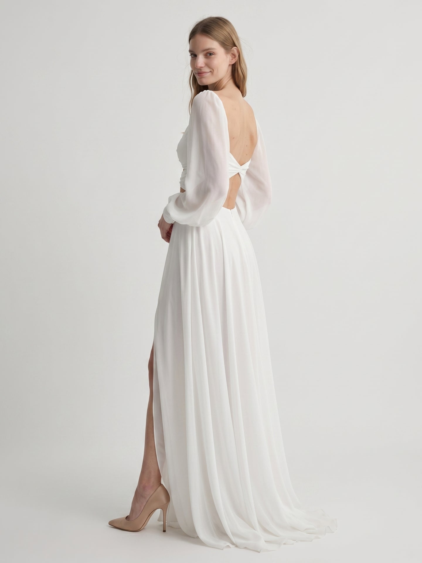 White Chiffon A-Line V-Neck Backless Floor-Length Pleated Bridesmaid Dress