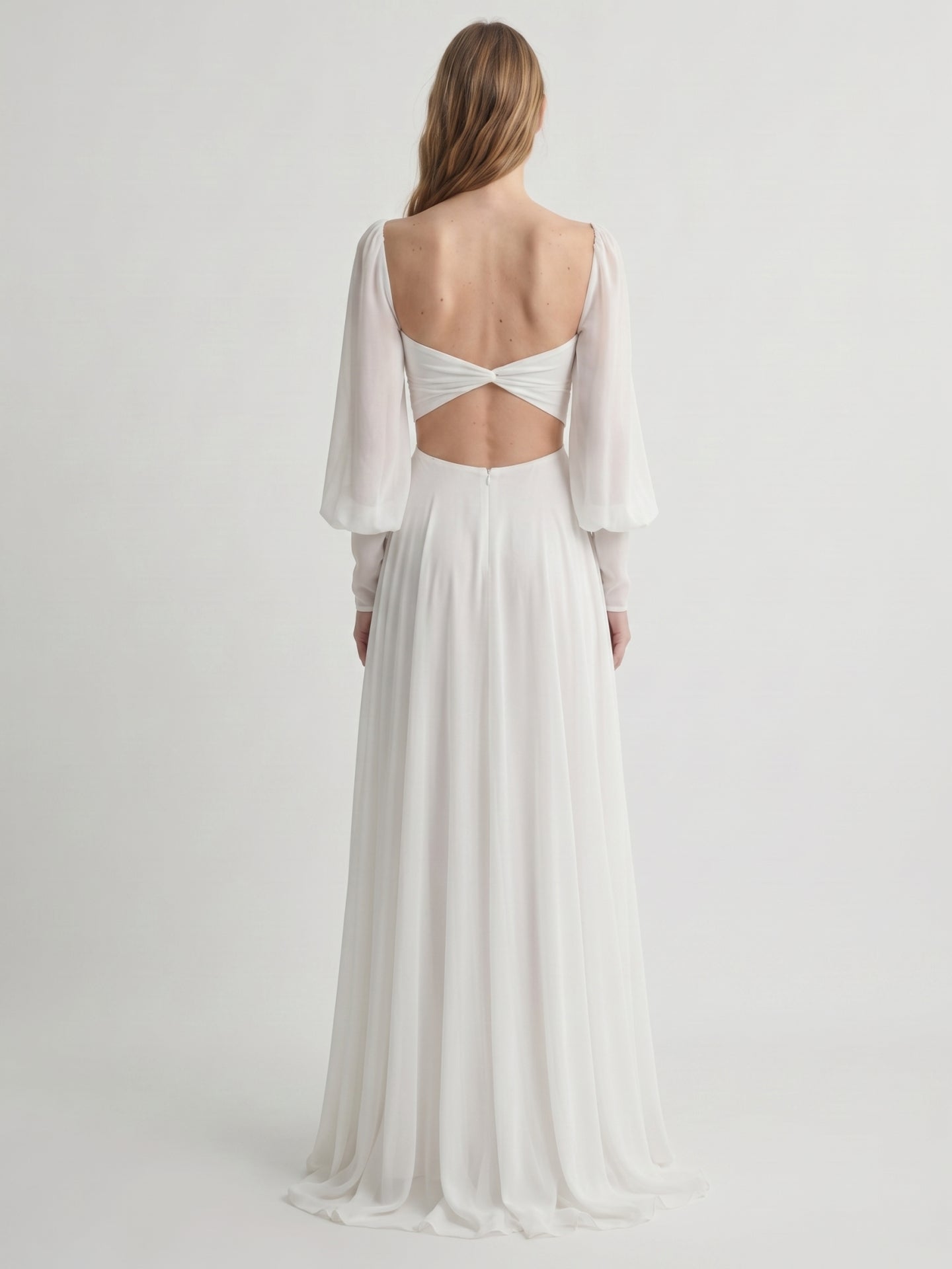 White Chiffon A-Line V-Neck Backless Floor-Length Pleated Bridesmaid Dress